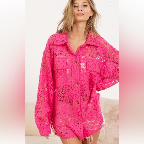New BiBi Button Up Long Sleeve Oversized Lace
Blouse Cover up Shacket - Picture 6 of 7